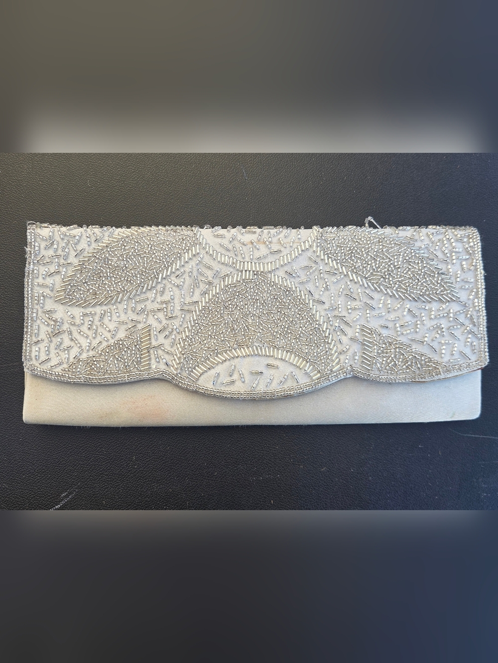 Vintage Embroidered Silver Beaded White Evening Clutch